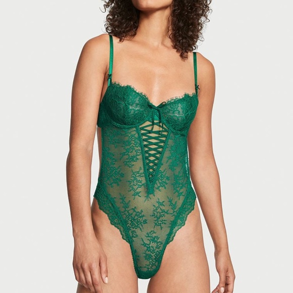 NEW Victoria's Secret Lace Up Unlined Wicked Green Teddy  Bodysuit Lingerie M - Picture 16 of 16